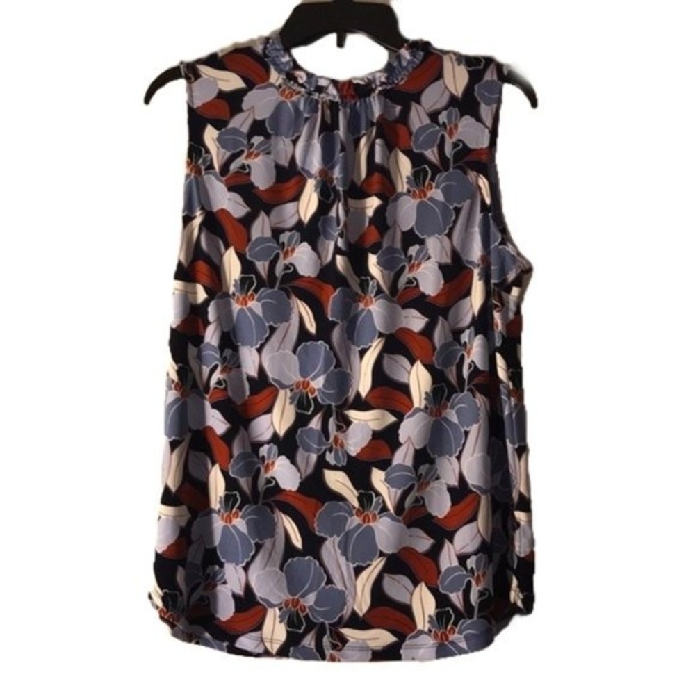 Ann Taylor Ruffle Mock Neck Shell Floral Blouse Top Blue Size M